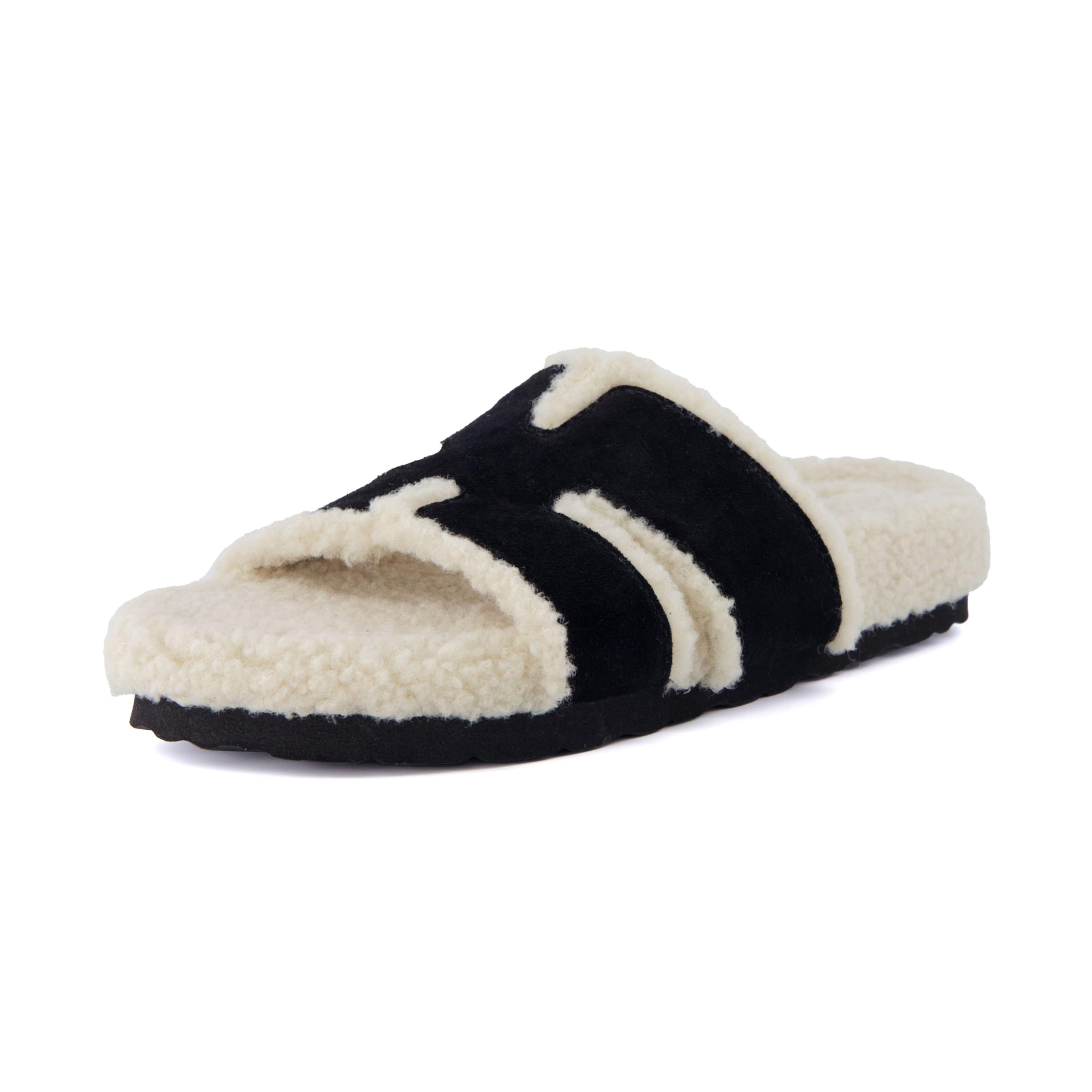 CUSHIONAIRE Cuddle Fur Slippers for Women Faux Shearling Slide Sandal +Memory Foam, cute gifts for women, BLACK 8