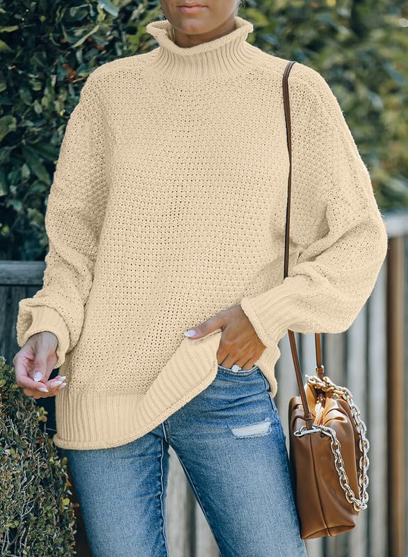 Dokotoo Fall Sweaters for Women 2025 Batwing Long Sleeve Turtleneck Sweaters Solid Autumn Basic Casual Halloween Sweaters Loose Oversized Chunky Knit Pullovers Sweaters Jumper Beige Blouses Medium