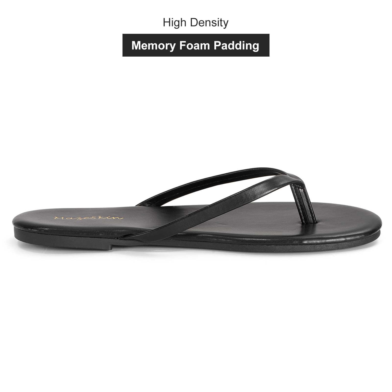 mazeskin Women's Memory Foam Comfortable Flat Thong Sandals Dressy Summer Beach Leather Slide Flip Flops,Black US8