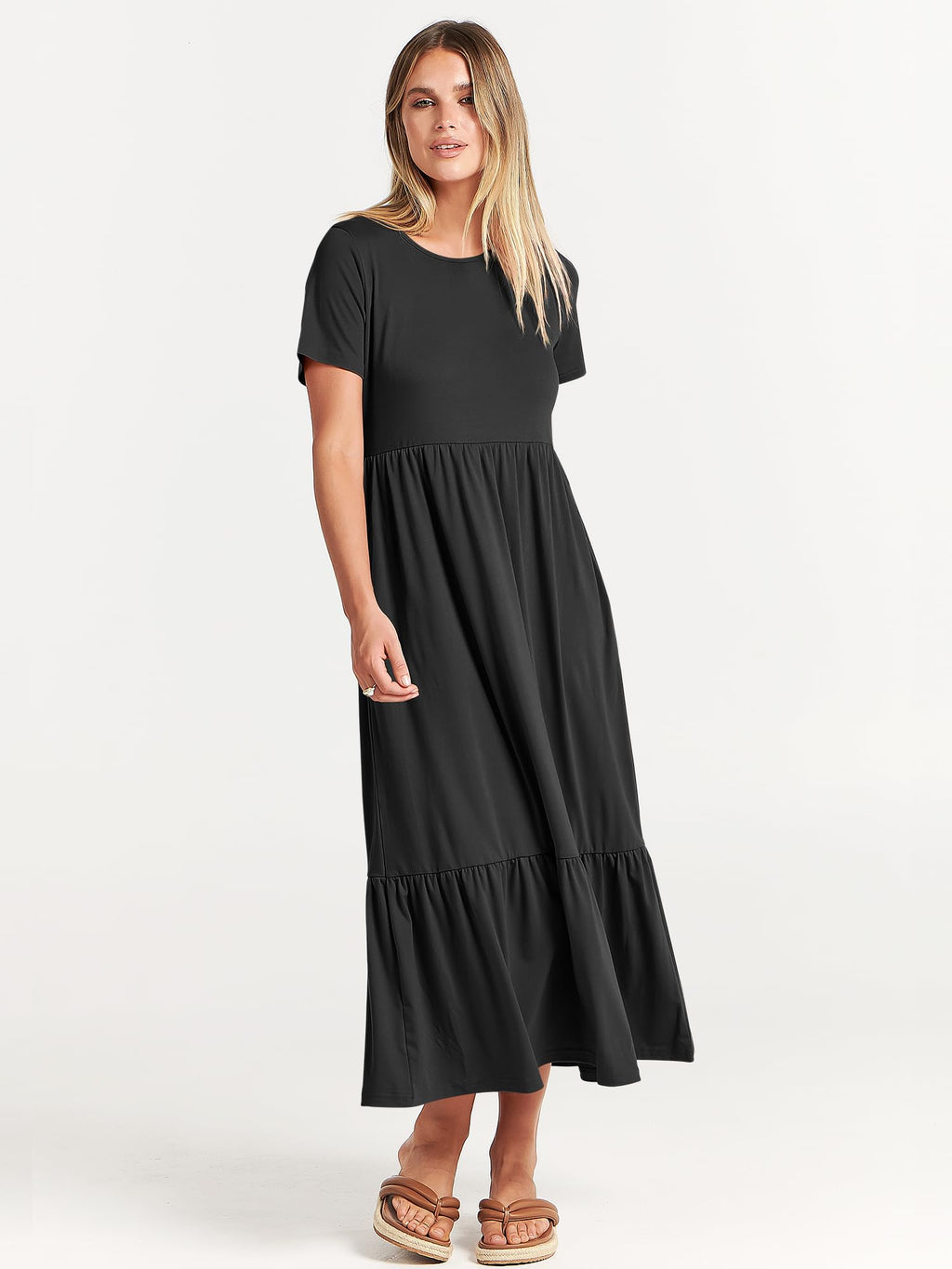 ANRABESS Womens 2025 Summer Casual Maxi Dress A line Tiered Flowy Short Sleeve Crewneck T Shirt Beach Travel Long Dresses Black Small