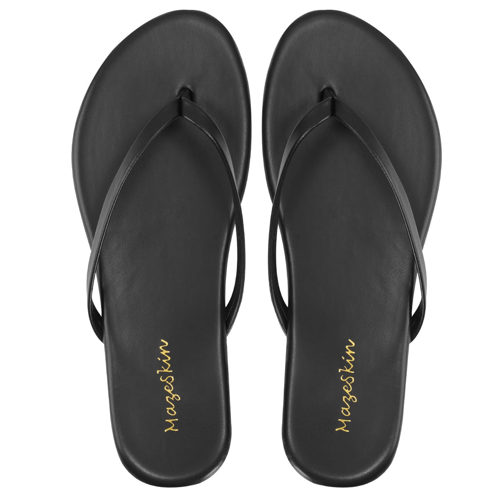 mazeskin Women's Memory Foam Comfortable Flat Thong Sandals Dressy Summer Beach Leather Slide Flip Flops,Black US8