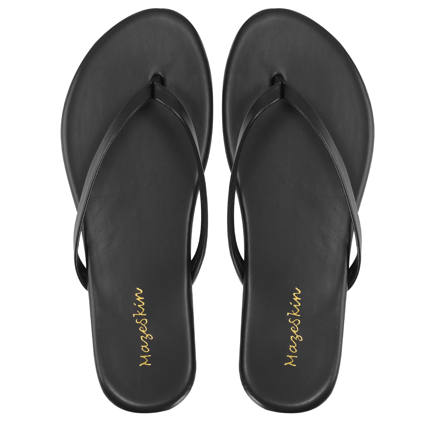 mazeskin Women's Memory Foam Comfortable Flat Thong Sandals Dressy Summer Beach Leather Slide Flip Flops,Black US8