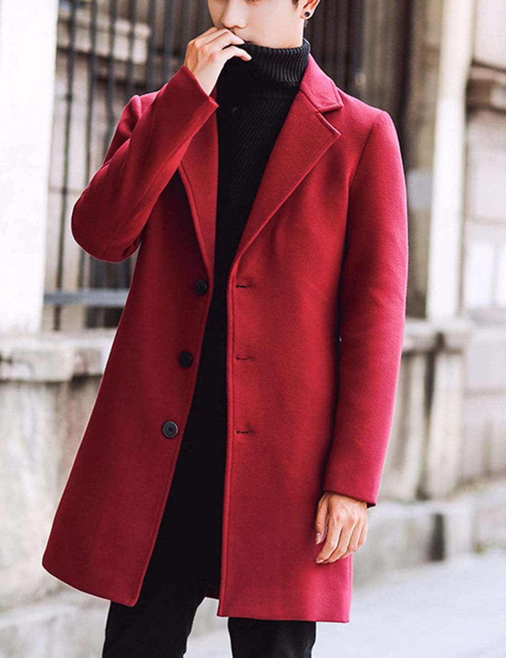 Springrain Men's Wool Blend Pea Coat Notched Collar Single Breasted Overcoat Warm Winter Trench Coat(Red-S)