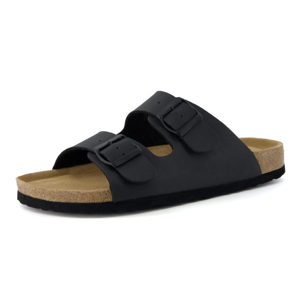 CUSHIONAIRE Lane Cork Footbed Mens Sandals, Adjustable Buckle Comfort Slides for Men, Genuine Leather Insole Summer Sandals Men Footwear, BLACK 10
