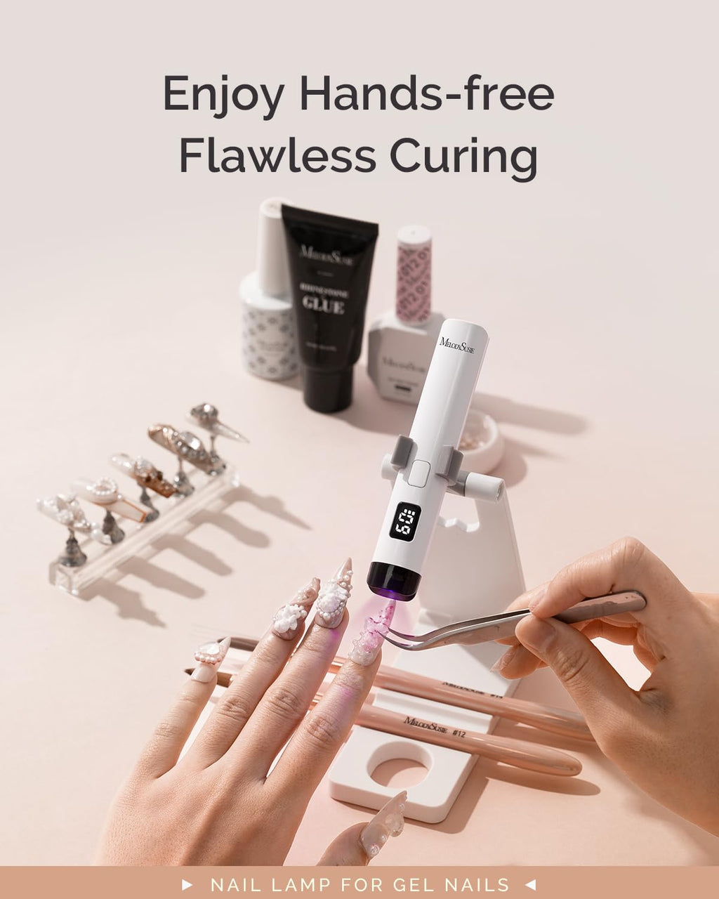 MelodySusie Handheld UV Light for Gel Nails with Stand, Mini Portable Cordless Nail Lamp with LCD Display, Eye-Protective Cover, Flash Curing for Glue, White