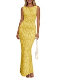 Wenrine Womens Summer Floral Maxi Dress Mesh Sleeveless Tank Dresses Slit Bodycon Party Cocktail Wedding Guest Dress Yellow