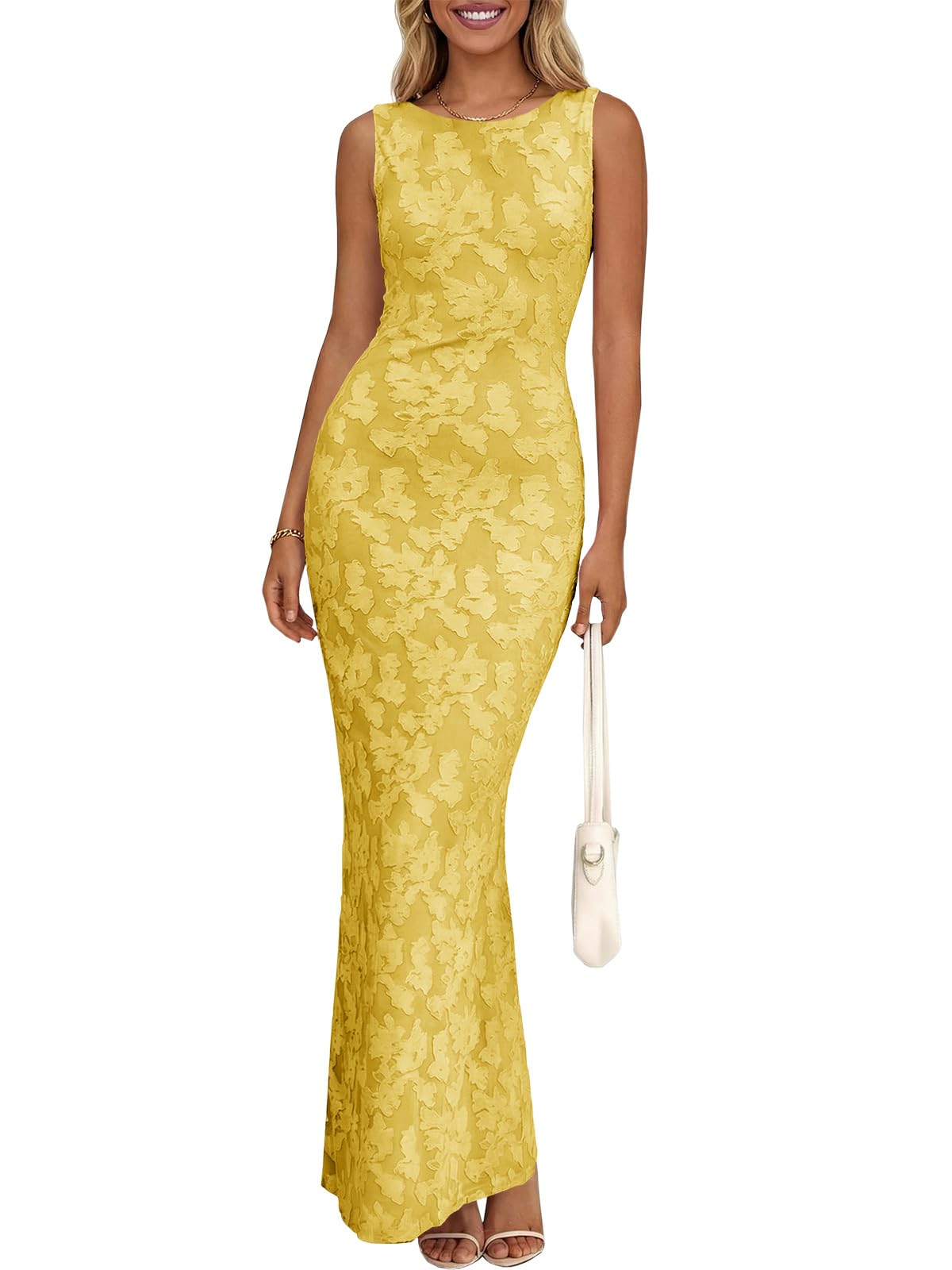 Wenrine Womens Summer Floral Maxi Dress Mesh Sleeveless Tank Dresses Slit Bodycon Party Cocktail Wedding Guest Dress Yellow