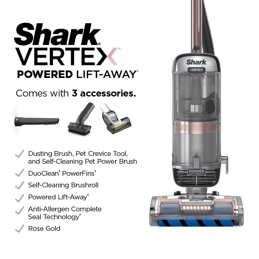 Shark AZ2002 Vertex Powered Lift-Away Upright Vacuum with DuoClean PowerFins, Self-Cleaning Brushroll, Large Dust Cup, Pet Crevice Tool, Dusting Brush & Power Brush, Silver/Rose Gold
