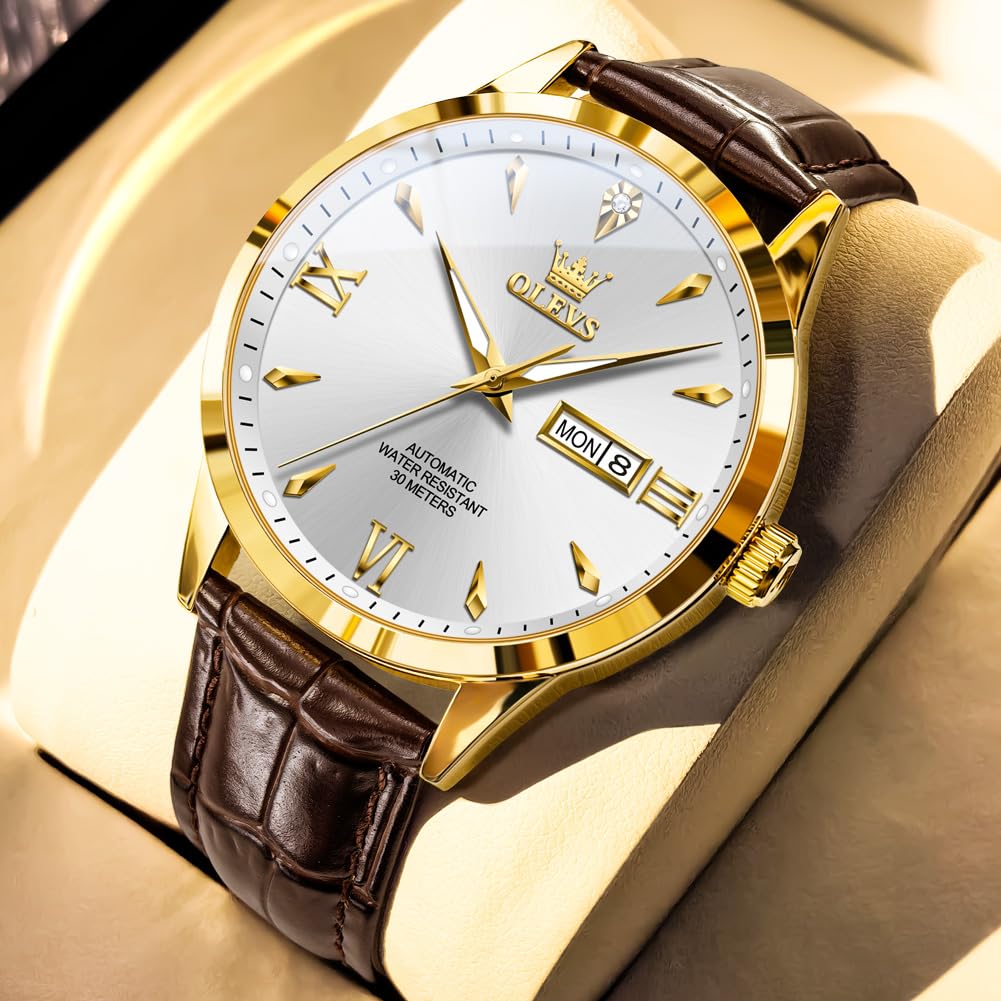 OLEVS Men Watch Brown Leather Automatic Watches for Men Luxury Dress Men's Watch with Date Waterproof Large Face Self Winding Gold Watches for Man