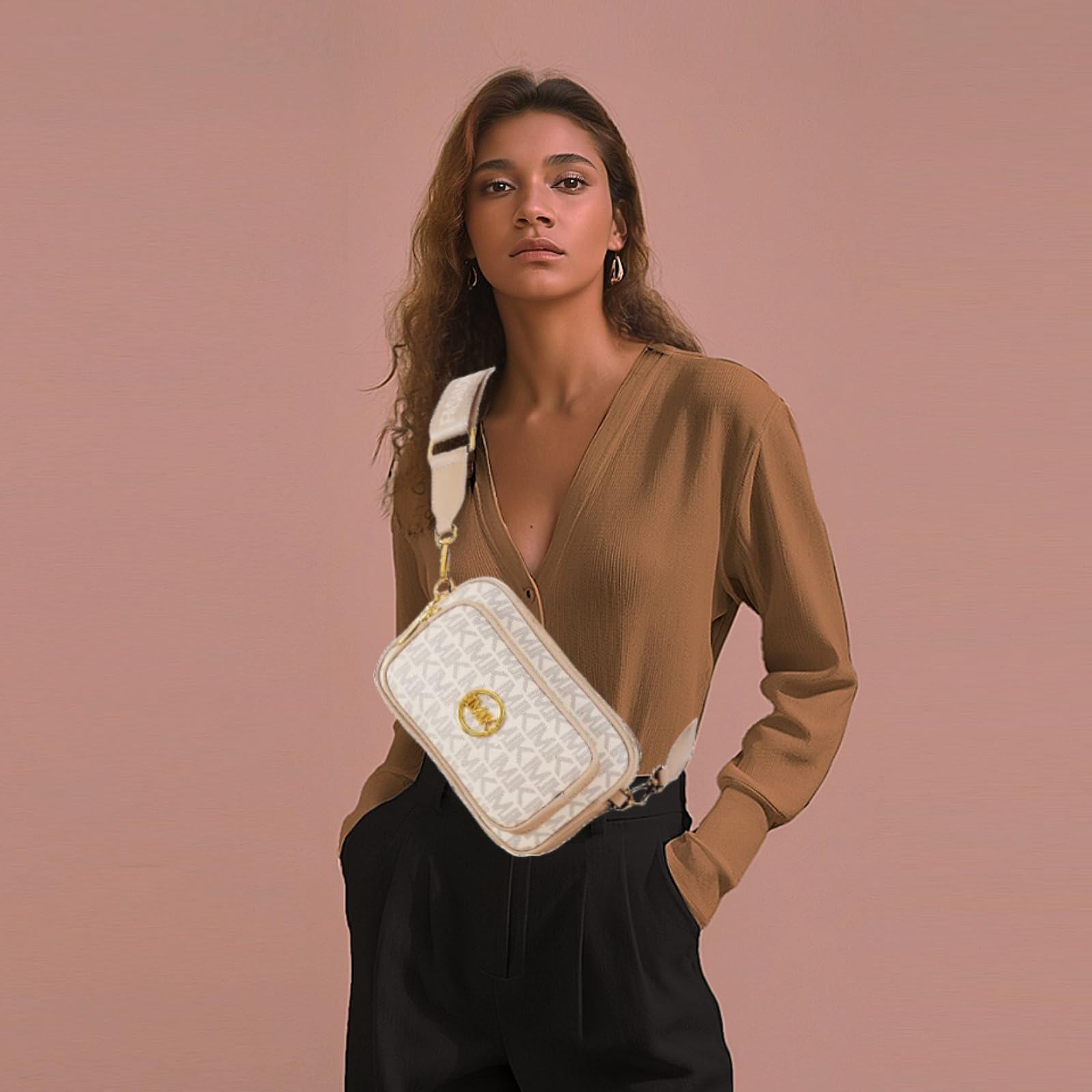 Xehuro Small Crossbody Purse Shoulder Bag for Women Chest Bag Daypack Multiple Pockets with Wide Strap (Beige)