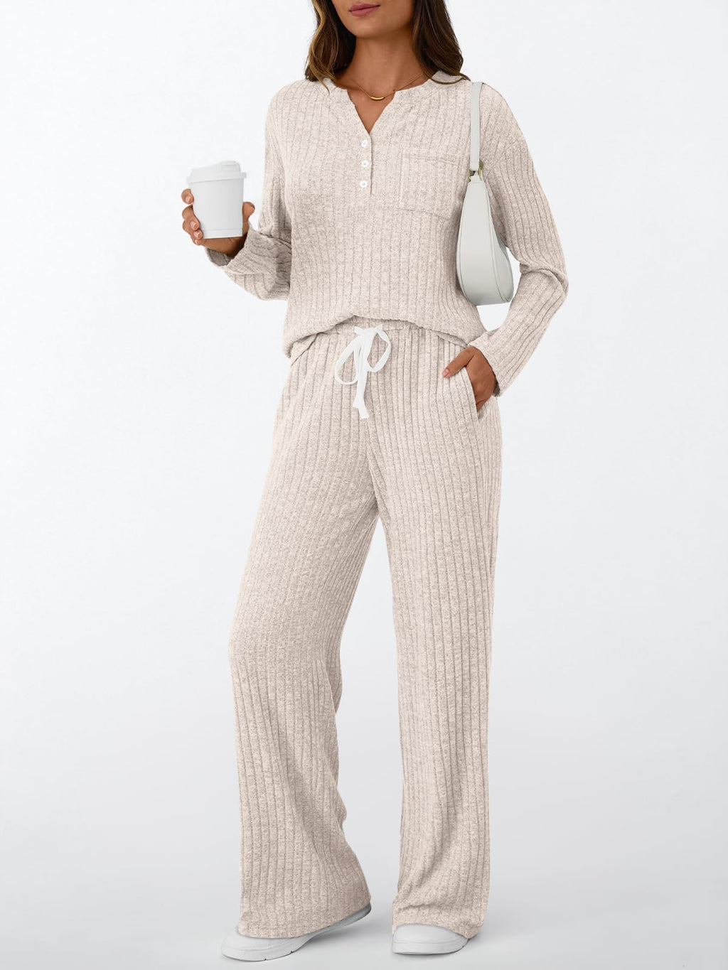 LILLUSORY Womens 2 Piece Lounge Sets Matching Airport Travel Outfits 2026 Spring Clothing Fall Pajamas Sweat Suits Pockets Apricot L