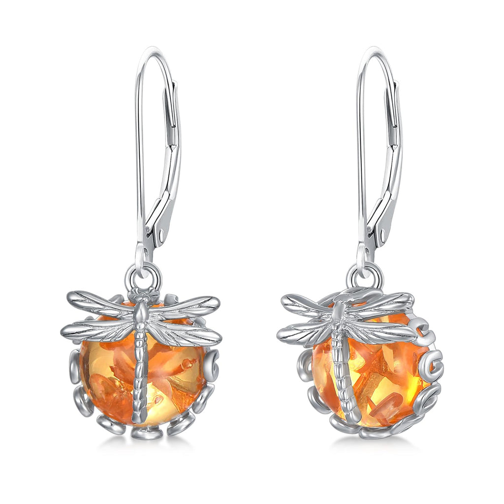 KZX Dragonfly Earrings for Women 925 Sterling Silver Amber Dangle Earrings Dragonfly Earrings Dangle Jewelry Gift for Wife Mom Nana