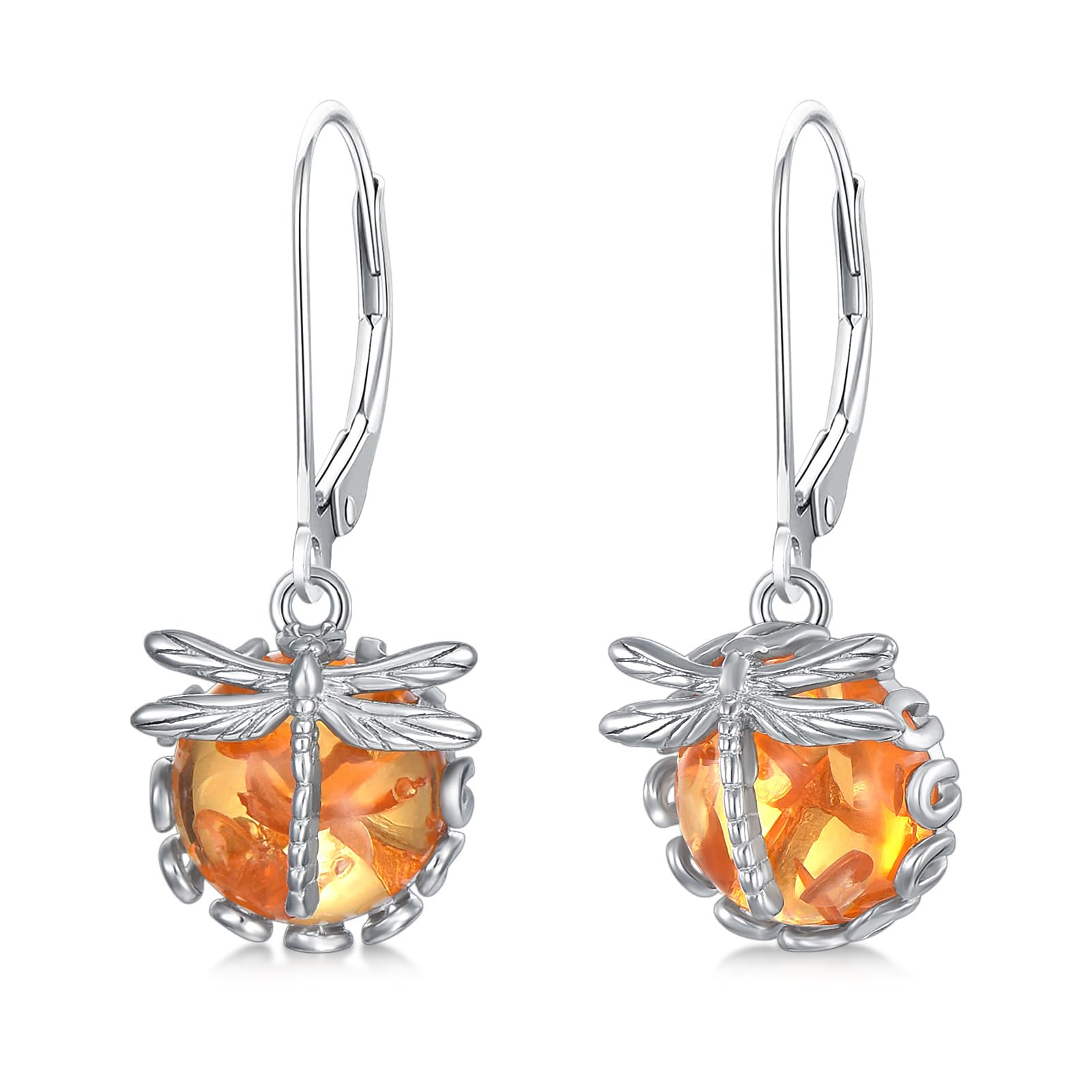 KZX Dragonfly Earrings for Women 925 Sterling Silver Amber Dangle Earrings Dragonfly Earrings Dangle Jewelry Gift for Wife Mom Nana