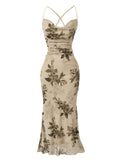SOLY HUX Women's Floral Mesh Bodycon Cami Dress Cowl Neck Sleeveless Cocktail Party Wedding Guest Long Maxi Dresses Apricot Floral Large