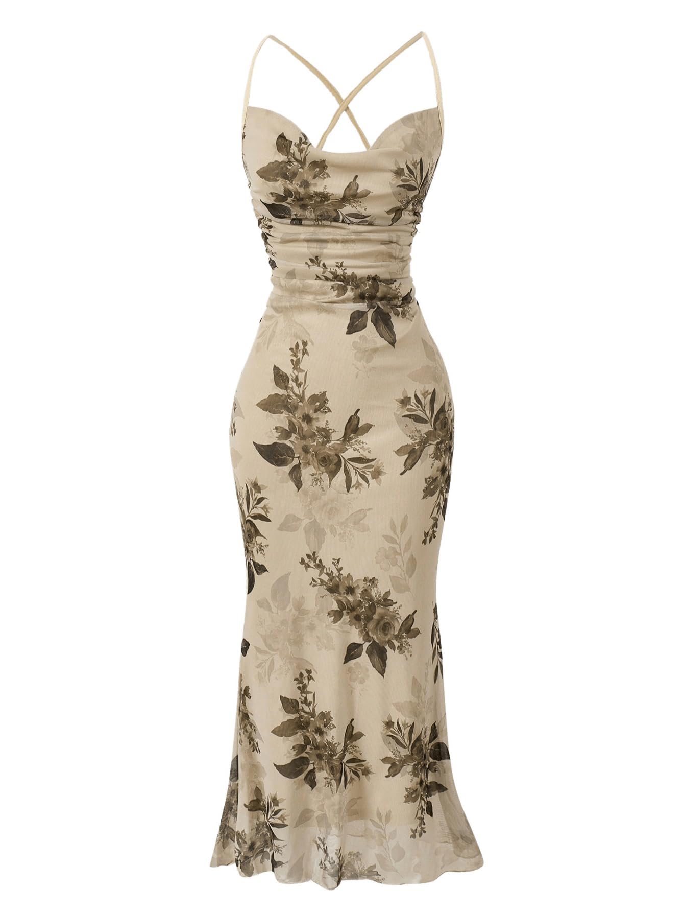 SOLY HUX Women's Floral Mesh Bodycon Cami Dress Cowl Neck Sleeveless Cocktail Party Wedding Guest Long Maxi Dresses Apricot Floral Large