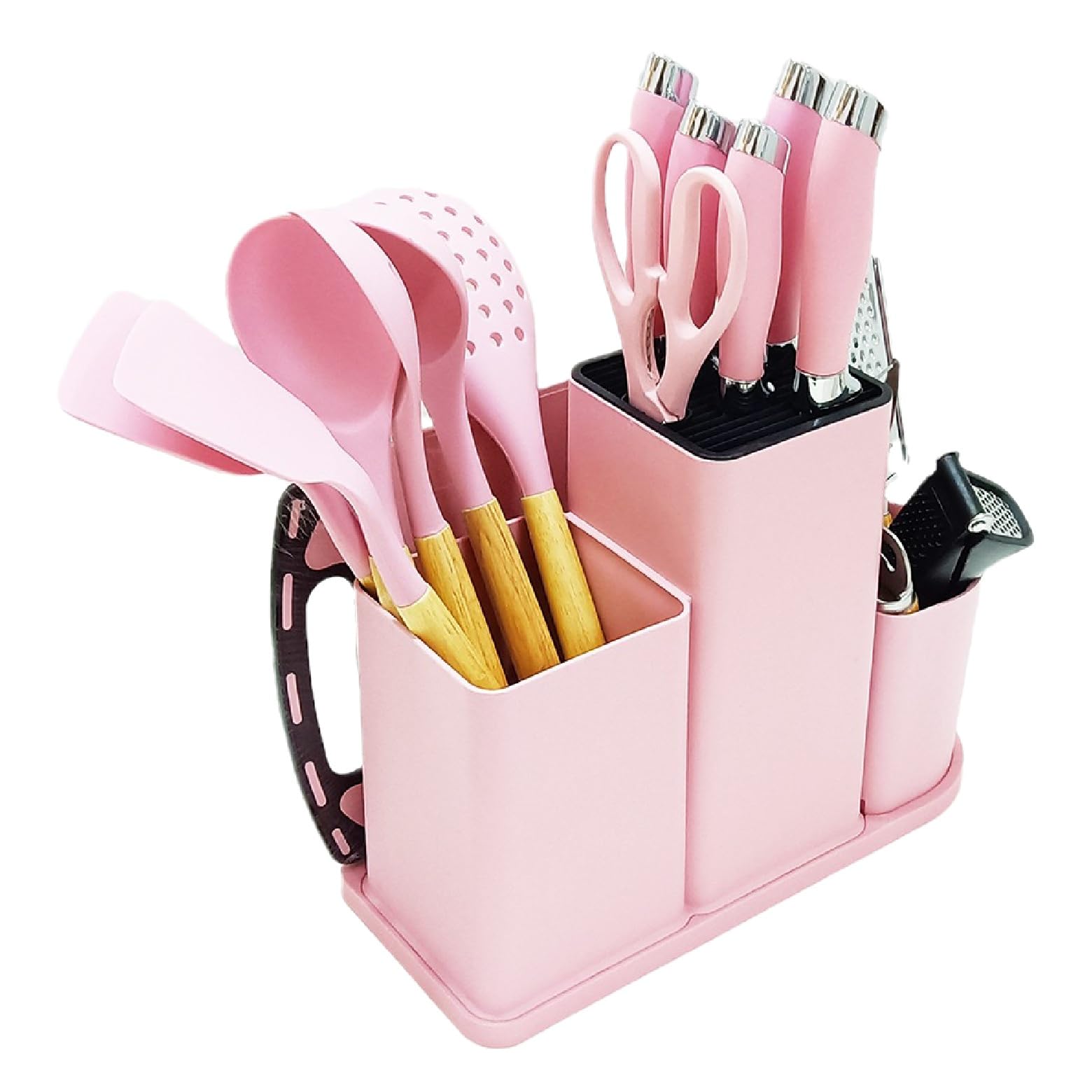 DANFFI 20-Piece Pink Kitchen Utensil Set – Silicone Cooking Tools with Wooden Handles, Knife & Scissor Set, Cutting Board, Grater & More – Non-Stick, BPA-Free Kitchen Gift Set