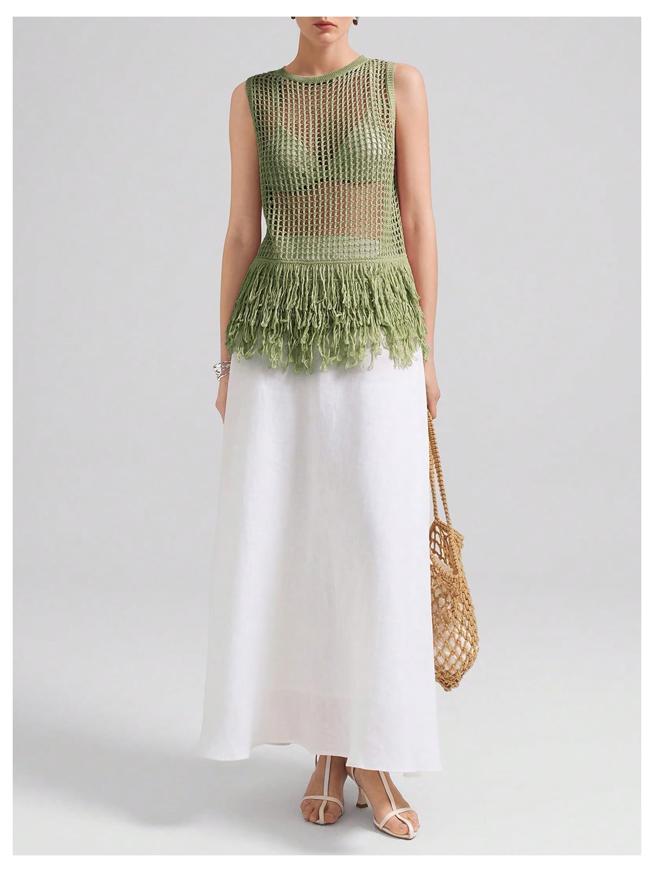 Milumia Women's Hollow Out Fringe Knitted Tank Top Sexy Sheer Sleeveless Long Sweater Vests Army Green Small