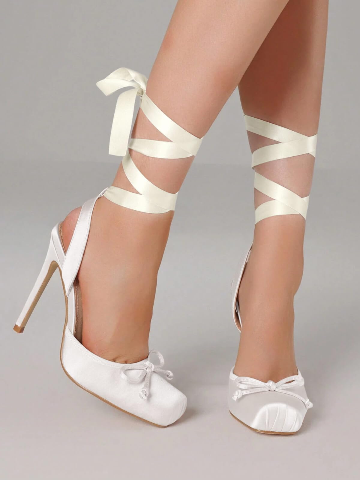 Coutgo Womens Ballet High Heels Satin Closed Square Toe Ballerina Heels Lace Up Bow Pumps Prom Shoes, White, Size 7.5