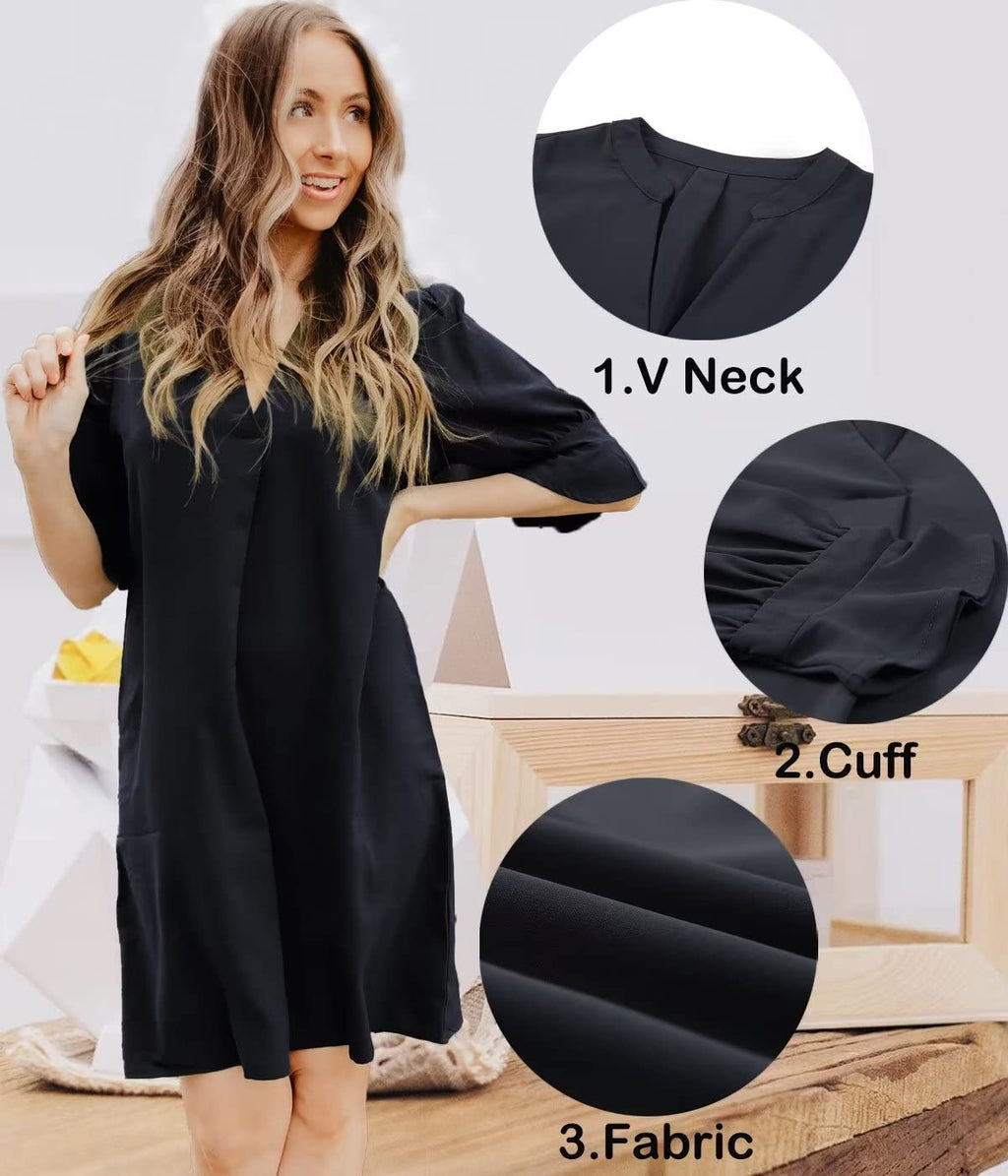 QACOHU Summer Dresses for Women 2026 Casual Ruffle Short Sleeve V-Neck Flowy Swing Shift Dress Black L