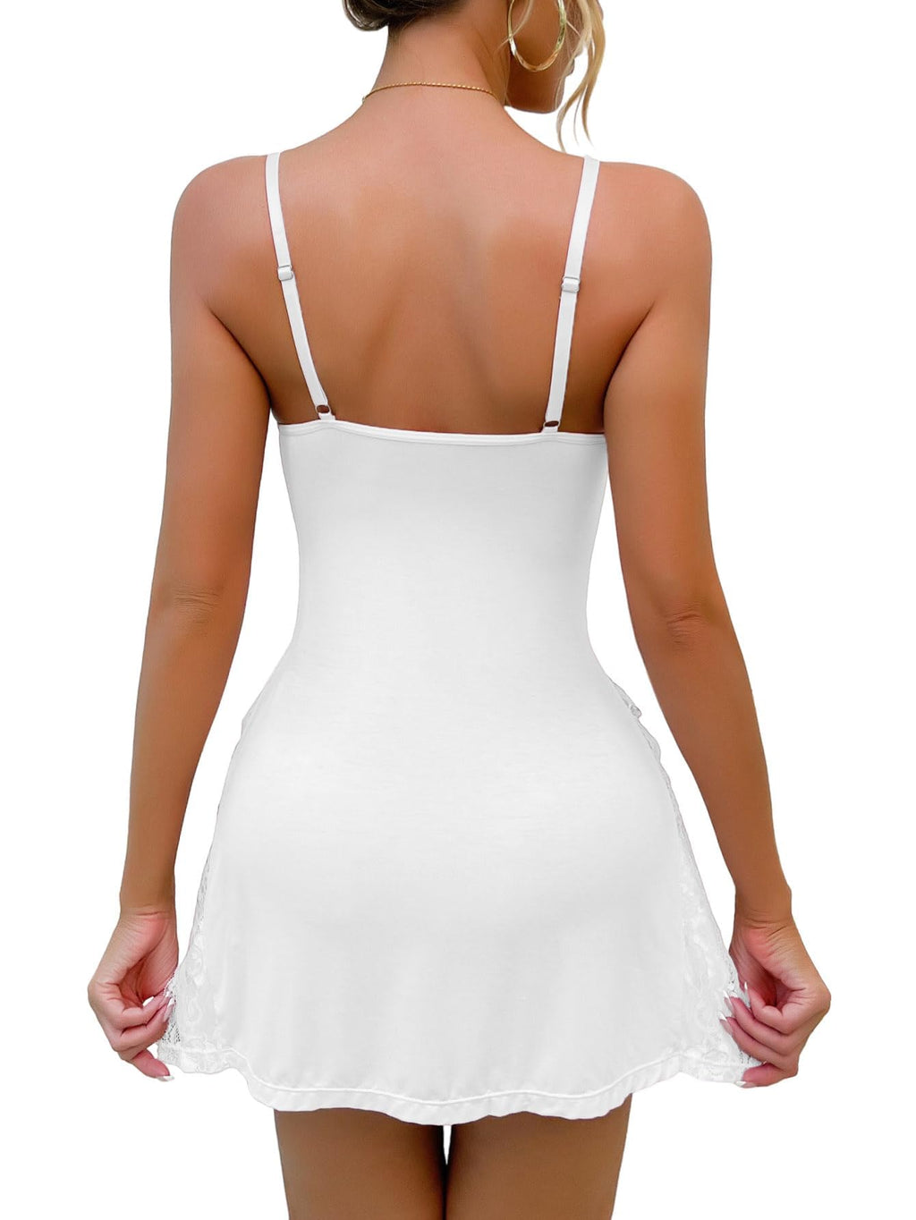 Foxiny Sexy Split Side Floral Lace Trim Full Slip Night Gown Babydoll Lingerie Dress with Thong 2 Piece Women High Slit Cami Nightgown Pajamas Set Nighty Sleep Wear Bridal White Medium