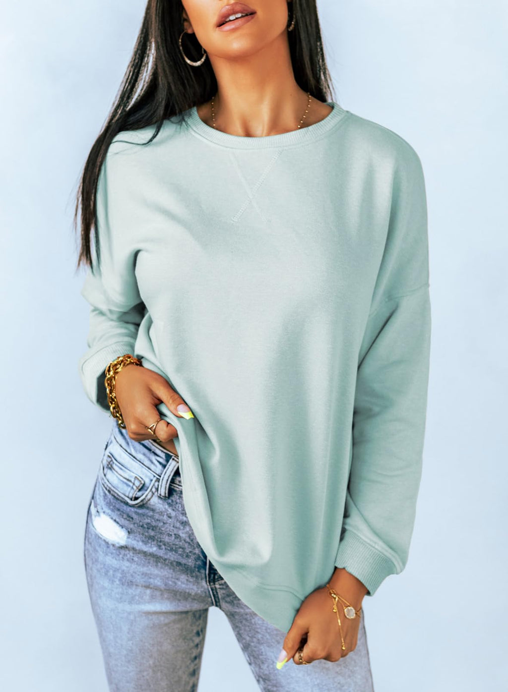 Dokotoo Womens Ladies Casual Long Sleeve Crewneck Sweatshirt Side Split Loose Fit Solid Color Basic Pullover Tunic T Shirts Tops Sweatshirts for Women 2026 Fashion Fall Light Blue Large