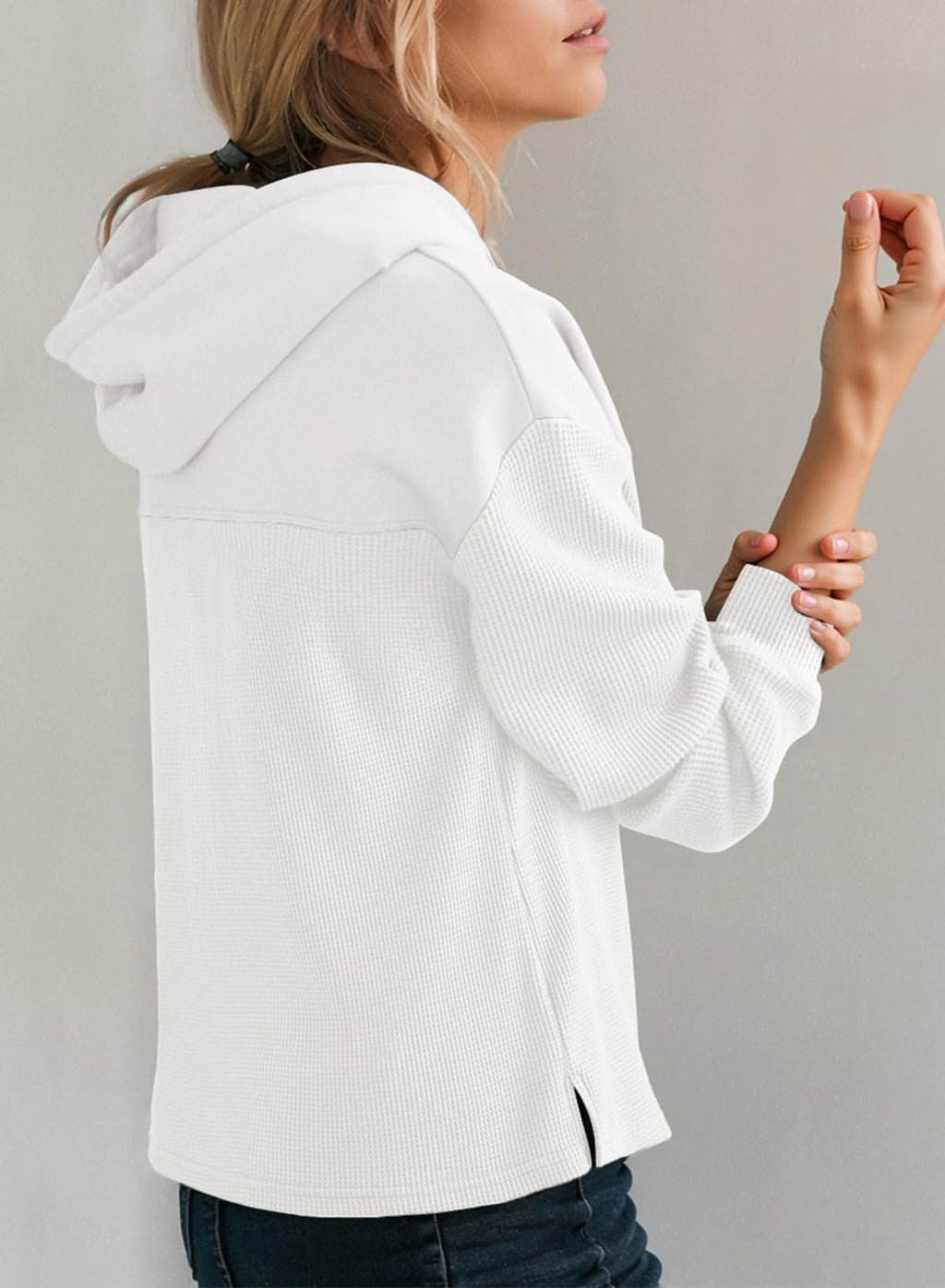 Dokotoo Hoodies for Women Casual Long Sleeve Waffle Knit Pullover Sweatshirt Womens Fall Fashion Lightweight Drawstring Hooded Tops Sweaters Solid White Medium