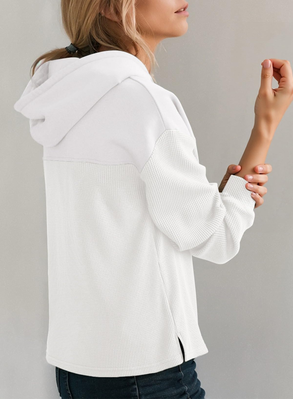 Dokotoo Hoodies for Women Casual Long Sleeve Waffle Knit Pullover Sweatshirt Womens Fall Fashion Lightweight Drawstring Hooded Tops Sweaters Solid White Medium