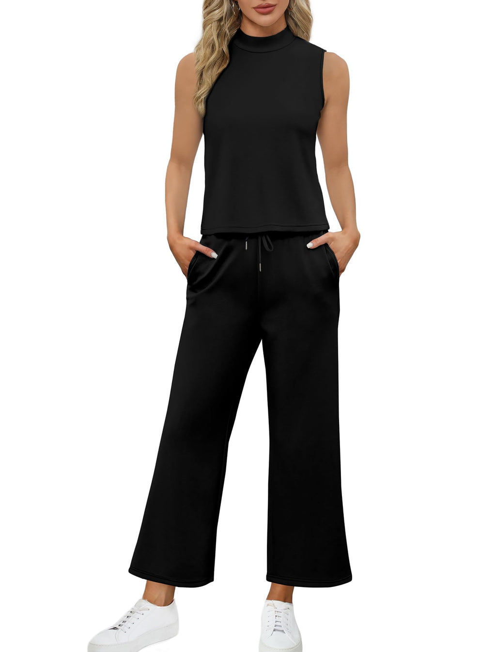 Sampeel Two Piece Set for Women Casual Lounge Sets Summer Outfits Matching Sets Women Fashion Clothing Business Casual Vacation Travel Comfiest Airport Outfits Mock Neck Black 2025 M