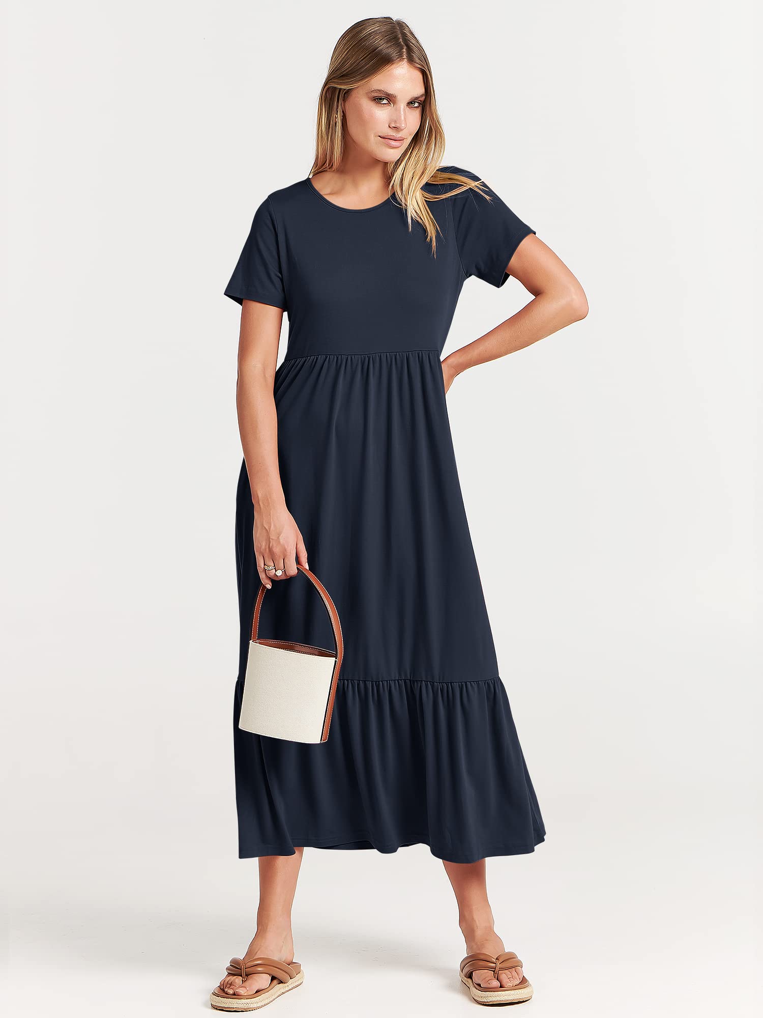 ANRABESS Womens 2025 Summer Casual Maxi Dress A line Tiered Flowy Short Sleeve Crewneck T Shirt Beach Travel Long Dresses X-Large Navy Blue