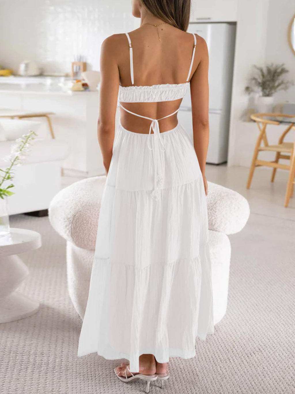 Fisoew Women's Spaghetti Strap Maxi Dress Summer Sleeveless Side Cut Out Dress Casual Boho Backless Flowy Long Dresses White