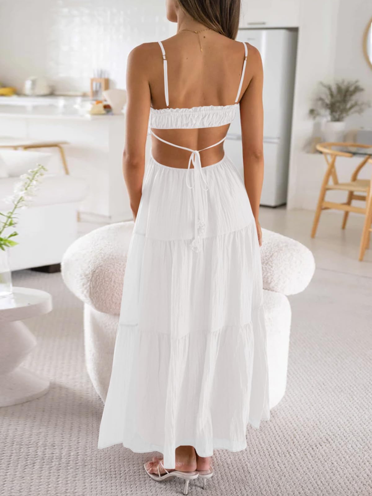 Fisoew Women's Spaghetti Strap Maxi Dress Summer Sleeveless Side Cut Out Dress Casual Boho Backless Flowy Long Dresses White