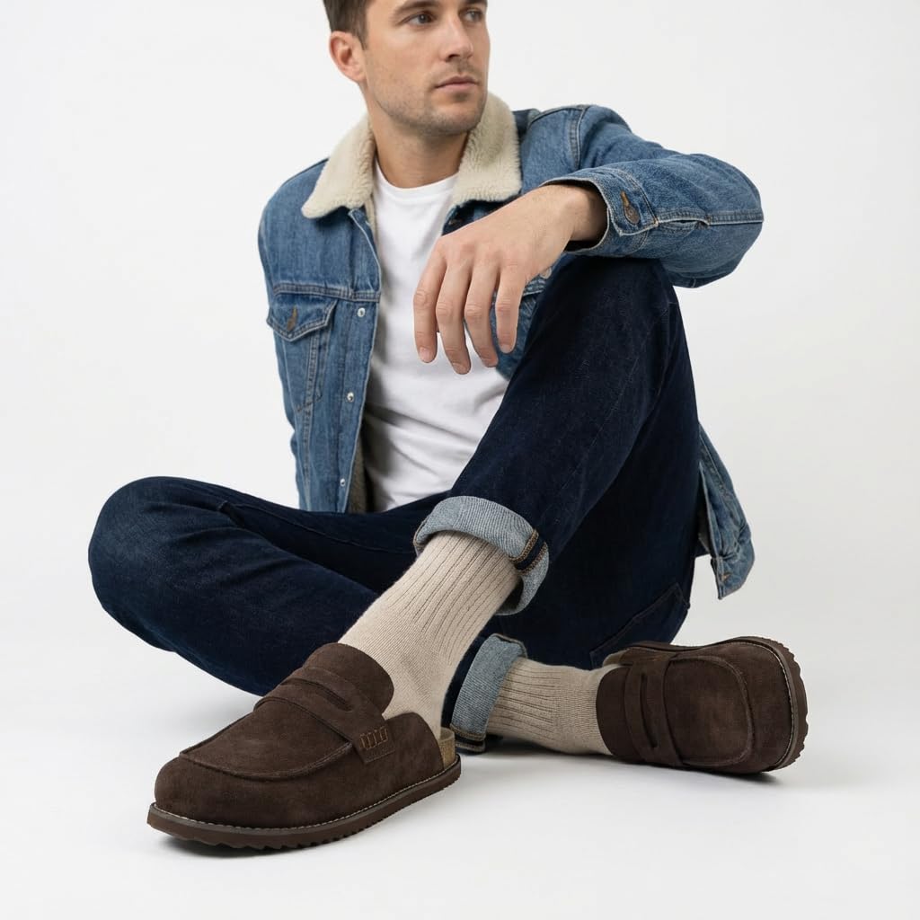 CUSHIONAIRE Wally Loafer-Style Suede Clogs for Men, Slip-On Backless Indoor Outdoor Mens Shoes with Cushioned Footbed, Brown 8
