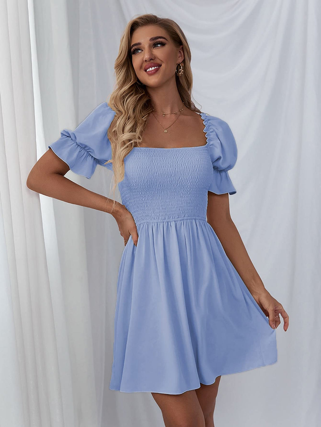 WDIRARA Women's Square Neck Flounce Short Sleeve Shirred Ruffle Hem Dress Blue M