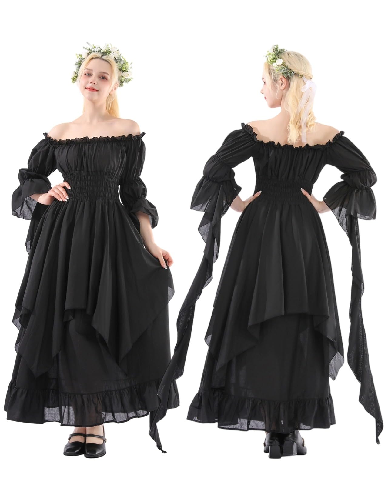 NSPSTT Victorian Dress Renaissance Costume Women Gothic Witch Dress Medieval Wedding Dress(S/M, Black)