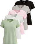 Real Essentials 5 Pack: Women's Short Sleeve T-Shirts Workout Tops Fitness Pilates Gym Activewear Athletic (Plus Available), Set 9, L, Pack of 5