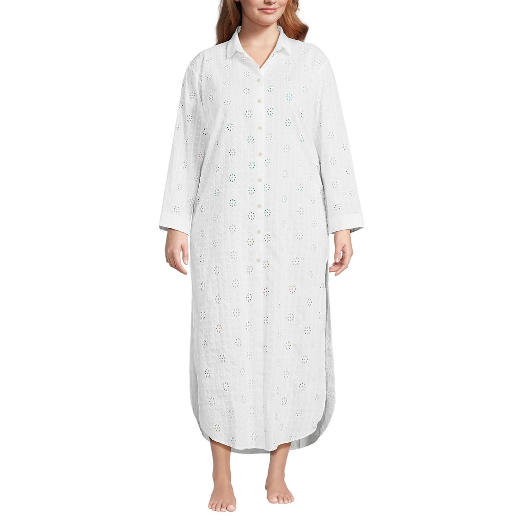 Lands' End Women's Eyelet Button Down Maxi Cover-up Dress X-Small White