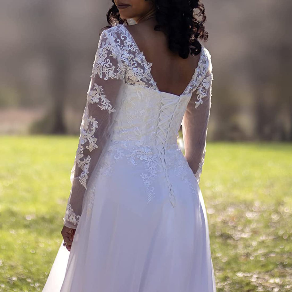 Findlovewedding Wedding Dresses for Bride 2024 with Lace Appliques Chiffon A Line Women Dress Long Sleeves Beach Bride Dress US16 Ivory