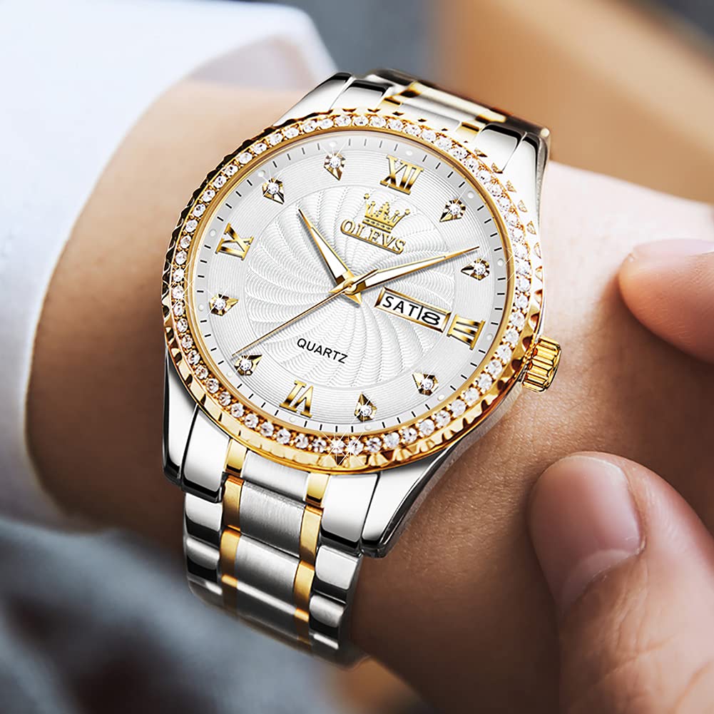 OLEVS Watch for Men Silver Stainless Steel Diamond Male Watches Analog Quartz Luminous Date Day Mens Watch Gift