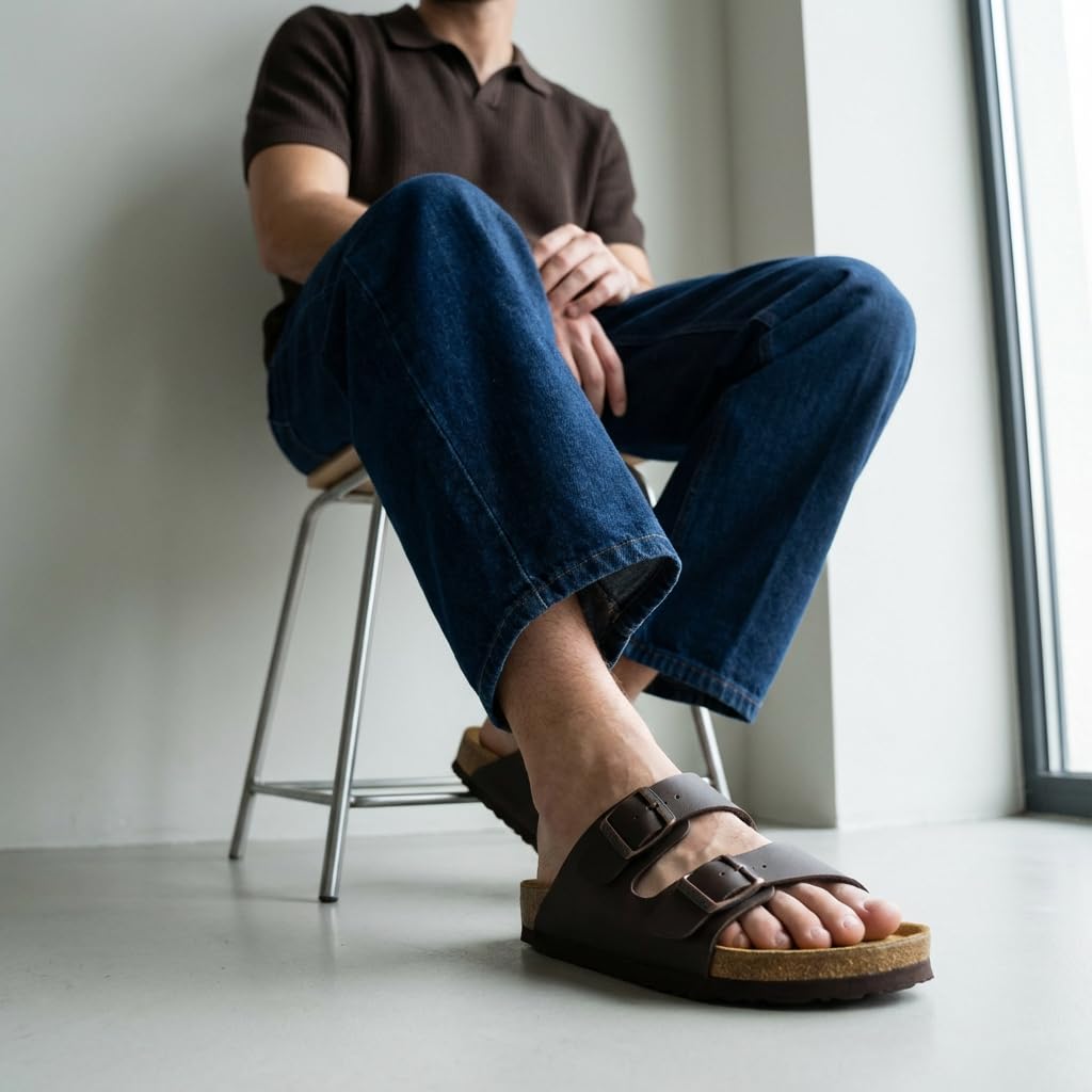 CUSHIONAIRE Lane Cork Footbed Mens Sandals, Adjustable Buckle Comfort Slides for Men, Genuine Leather Insole Summer Sandals Men Footwear, BROWN 13