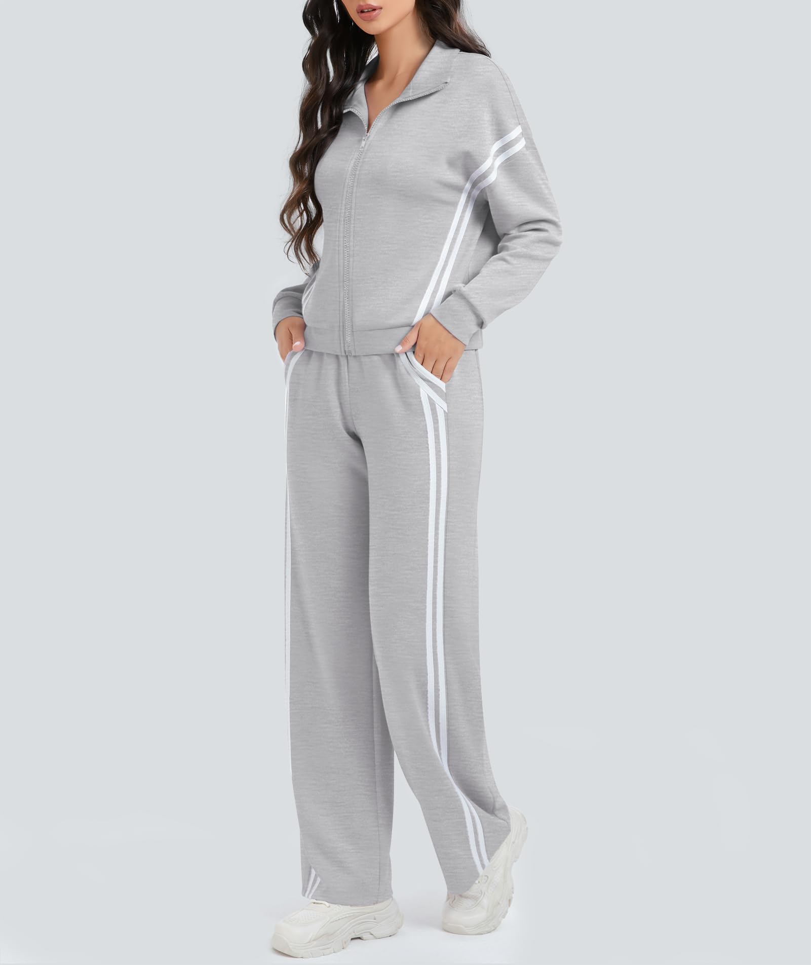Casly Lamiit Two Piece Sweatsuit for Women Matching Lounge Sets 2025 Fashion Casual Fall Outfits Stripes Track Jackets Sweatpants Track Suit Grey M