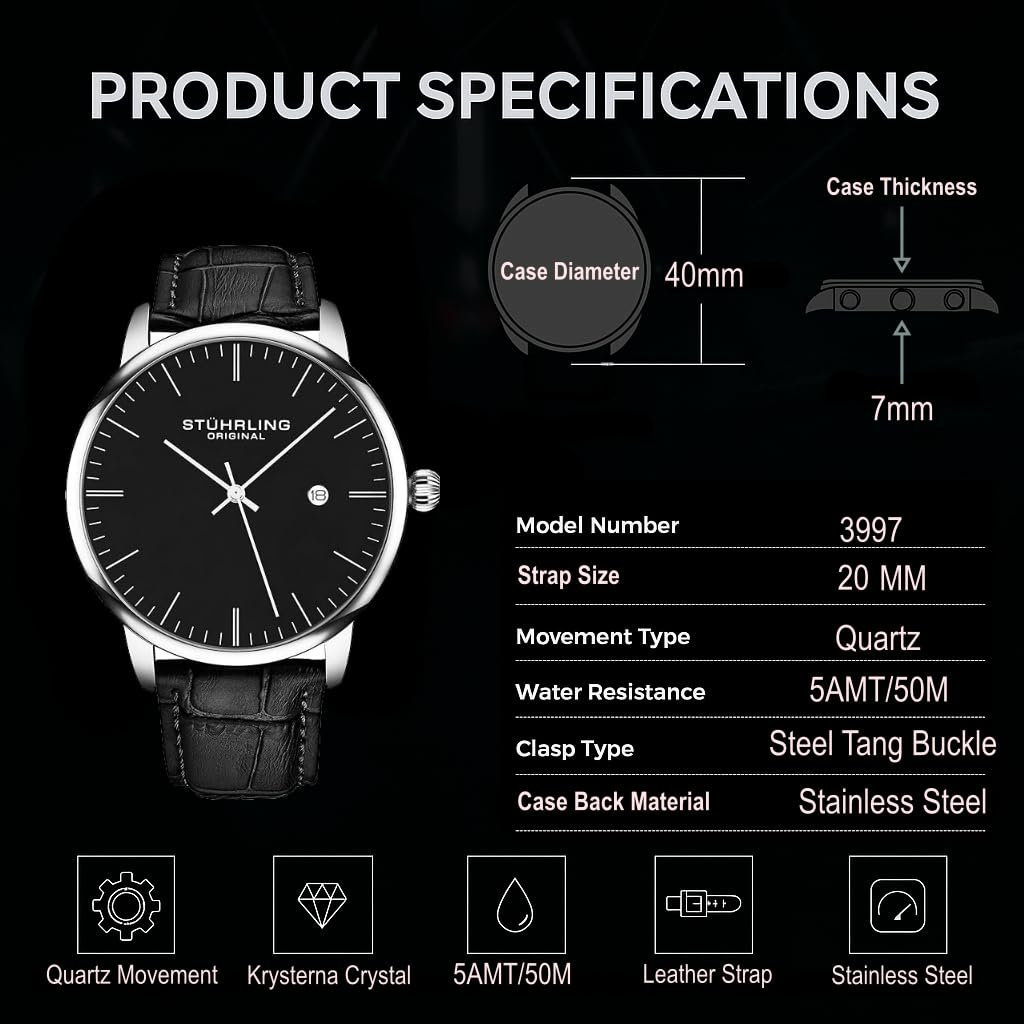 Stuhrling Original Men’s Watch Black Dial Dress Watch 40mm, Ultra Slim Mens Watch Black Leather Strap, Quartz Analog Men’s Wrist Watch, Classic Minimalist Watch for Men