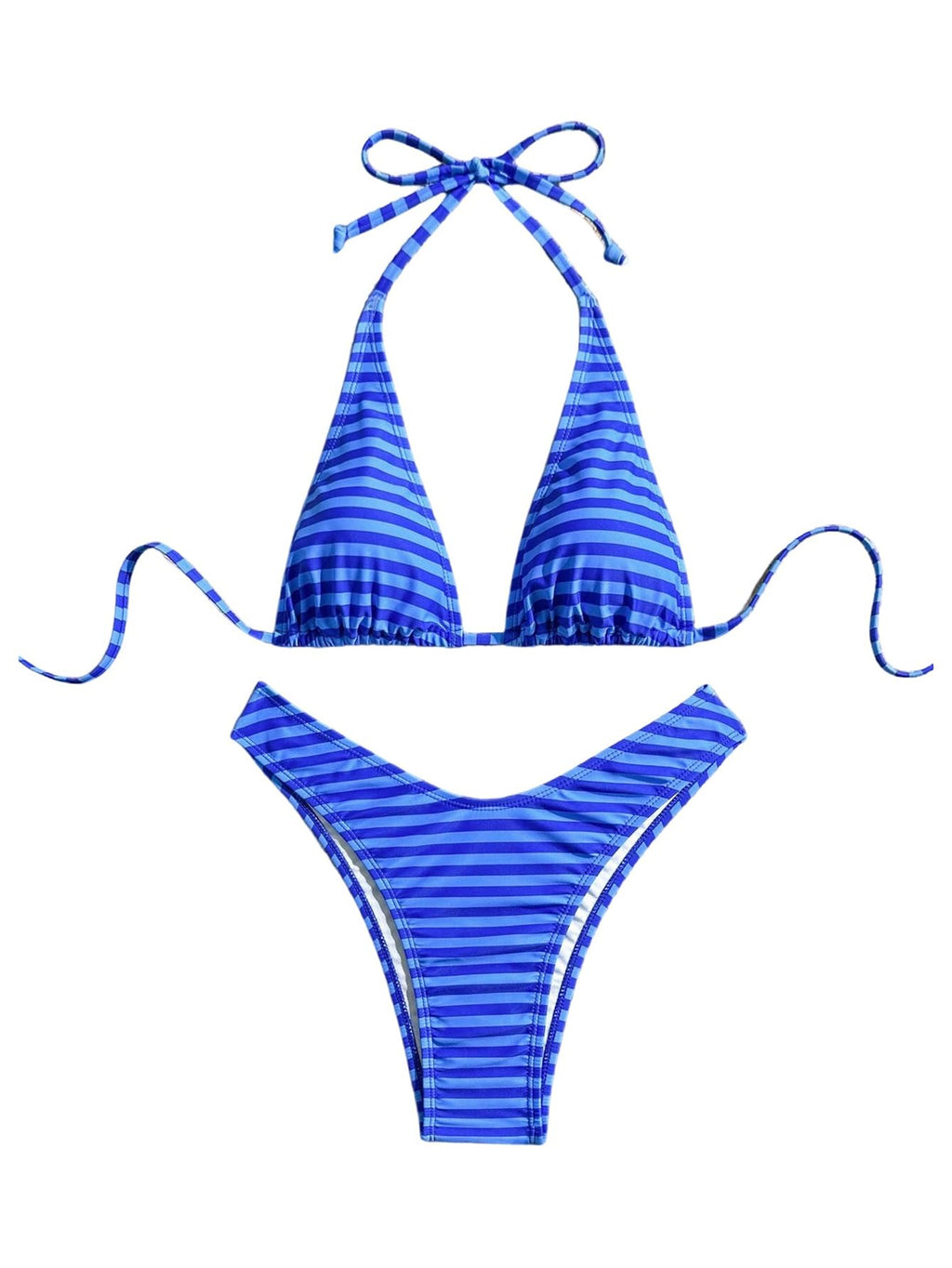 WDIRARA Women's Striped Bikini Sets Halter Thong Swimsuit 2 Piece Bathing Suit Blue Small