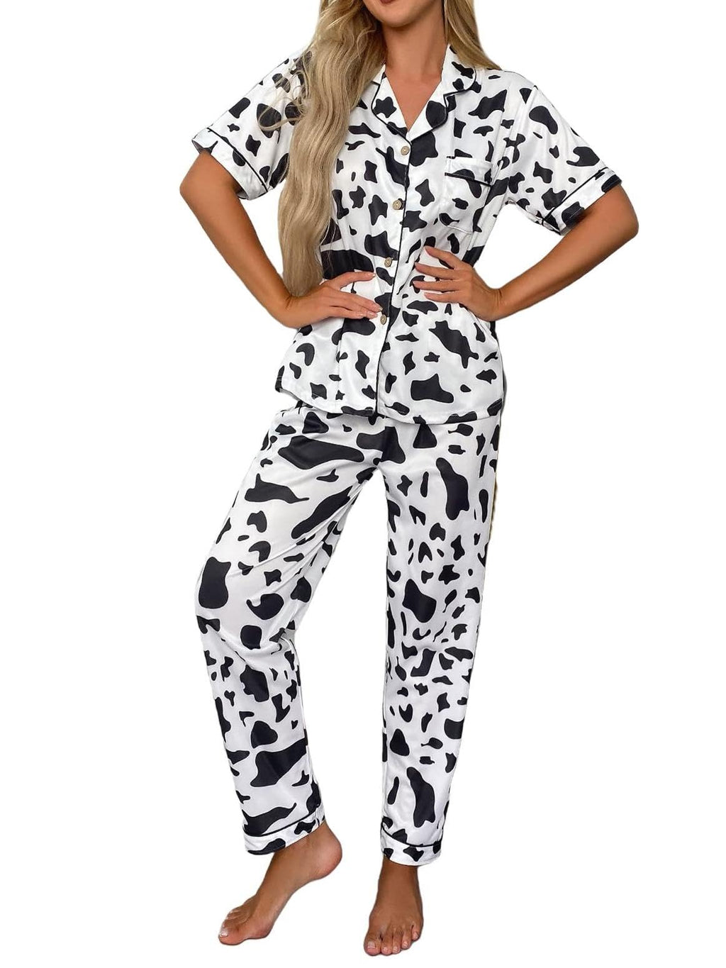 WDIRARA Women's 2 Piece Cow Print Button Down Short Sleeve Top and Pants Pj Set Cow Multicolor Medium