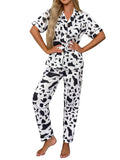 WDIRARA Women's 2 Piece Cow Print Button Down Short Sleeve Top and Pants Pj Set Cow Multicolor Medium