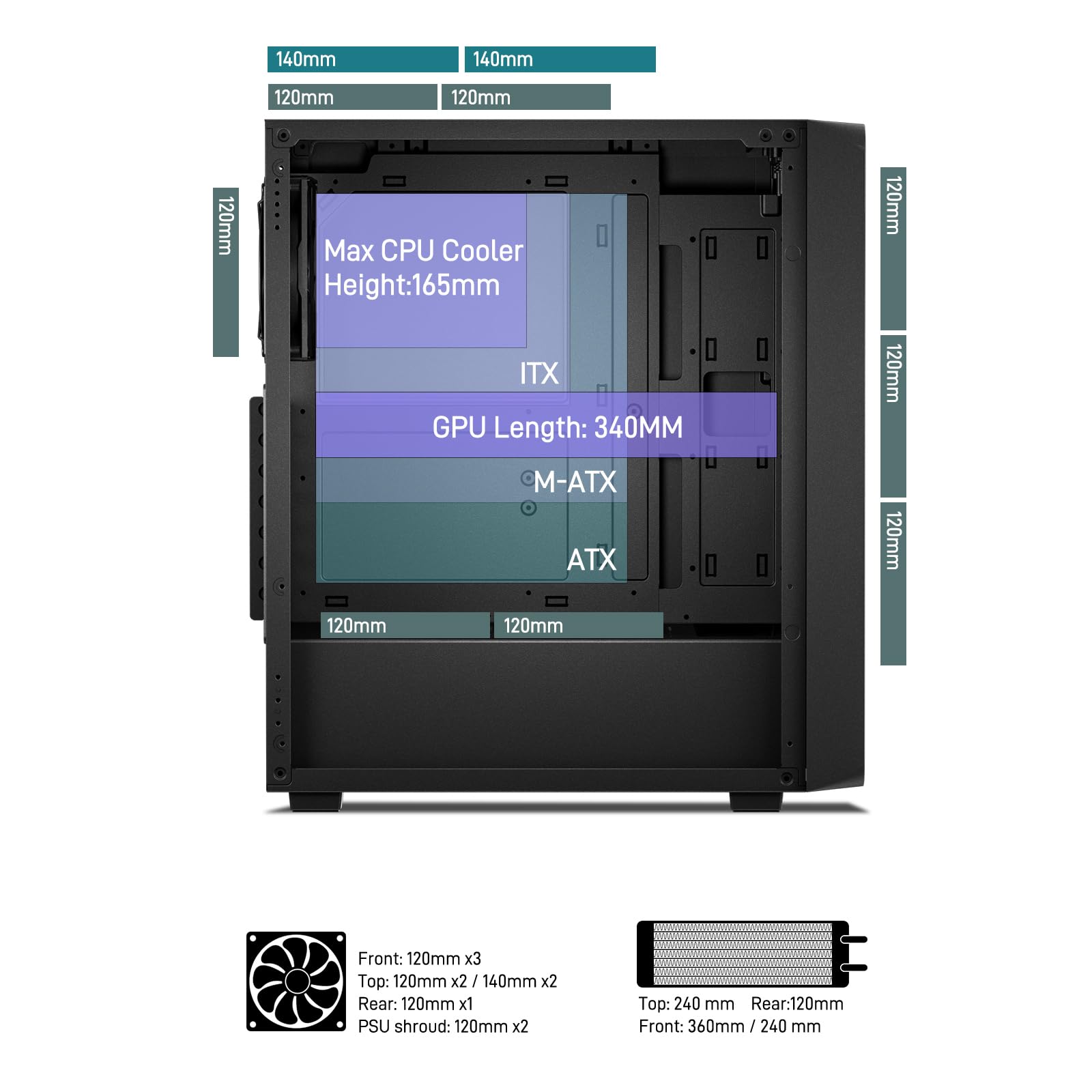 DARKROCK EC2 Black ATX Mid Tower PC Case, Type-C Ready, Supports 50 Series Graphics Cards, Tempered Glass Side Panel, up to 8 x 120mm Cooling Fans & 1 x 360mm Radiator, 1 x Pre-Installed Fan