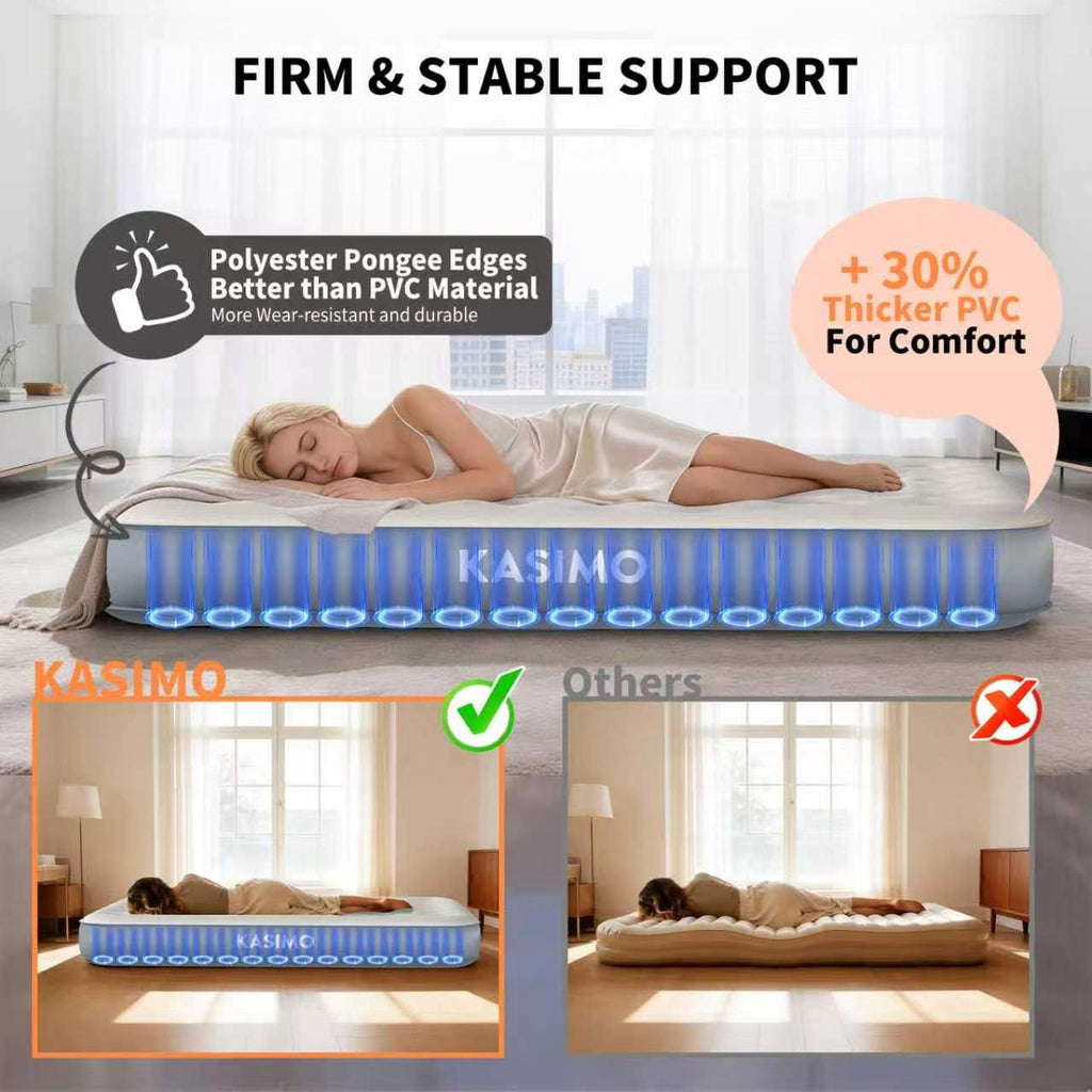 KASIMO Queen Air Mattress with Built-in Battery Powered Removable Pump, Blow Up Mattress Inflatable AirBed with Soft Suede Surface,Air Bed for Home Guests Camping