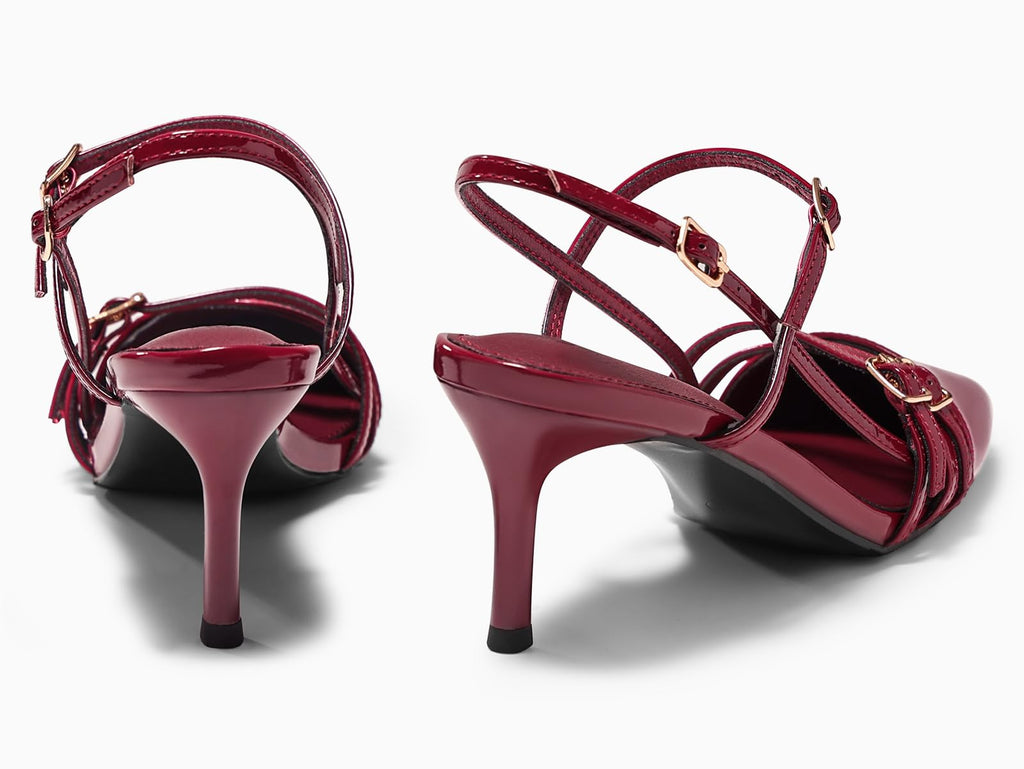 Coutgo Womens Slingback High Heels Strappy Closed Pointed Toe Pumps Ankle Strap Dress Shoes, Burgundy, Size 8