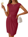MEROKEETY Women's Summer Cap Sleeve Bodycon Short Dress 2026 Wrap Elegant Cocktail Wedding Guest Party Date Night Dresses, Wine, L