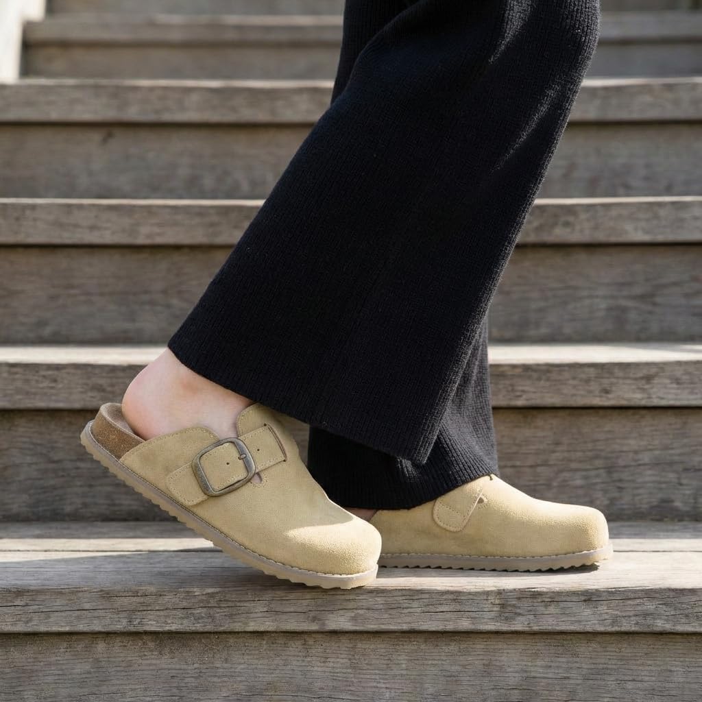 CUSHIONAIRE Blain Genuine Suede Clogs for Women | Slip-On Mules with Memory Foam & Oversized Buckle | Non-Slip Comfort Clogs & Mules Shoes for Women, Sand 10W