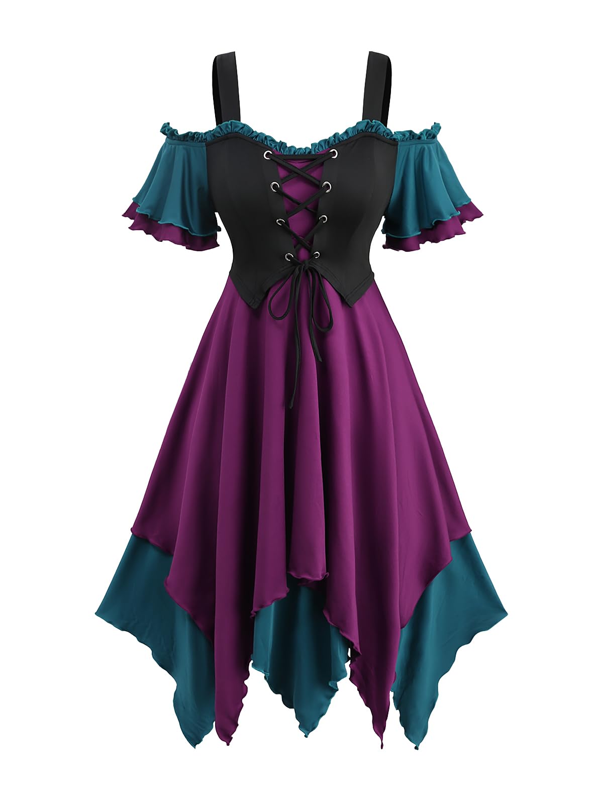 ROSE GAL Women Plus Medieval Renaissance Costume Victorian Dress Cold Shoulder Ruffles Layered Lace-up Underbust Corset Dress Goth Handkerchief Dress(Purple_1/1X)